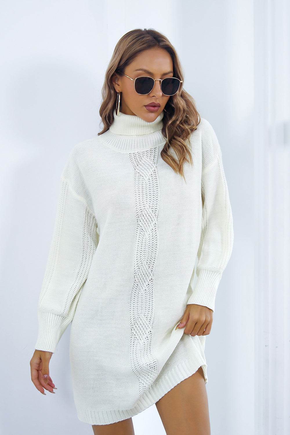 Openwork Turtleneck Long Sleeve Sweater Dress - Delanoir