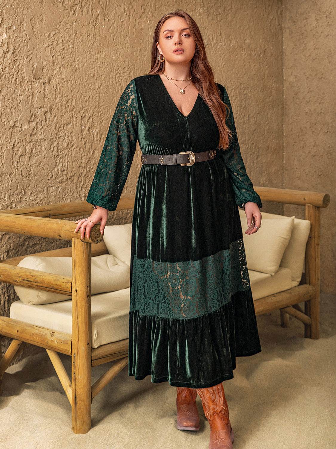 Plus Size Lace Patchwork V-Neck Balloon Sleeve Midi Dress - Delanoir