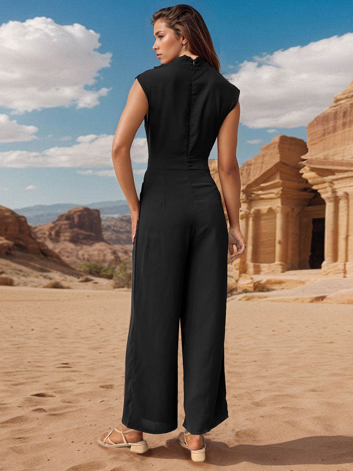 Perfee Ruched Mock Neck Sleeveless Jumpsuit - Delanoir