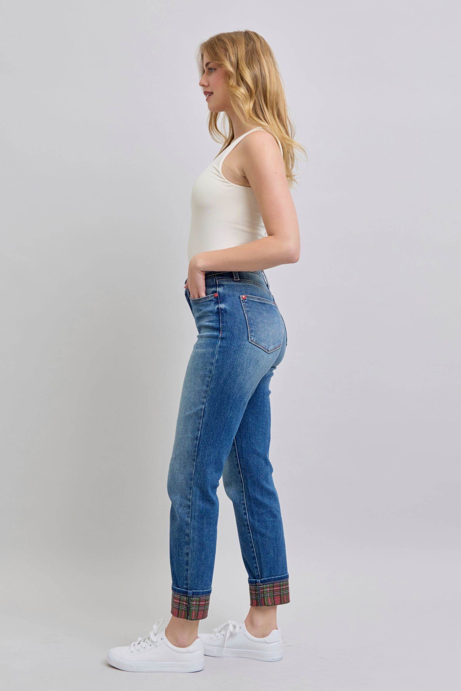 Judy Blue Full Size Plaid Print Cuff Straight Leg Jeans with Pockets - Delanoir