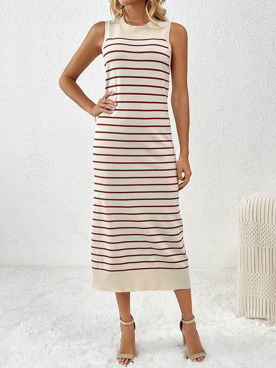 Round Neck Sleeve Midi Knit Dress - Delanoir