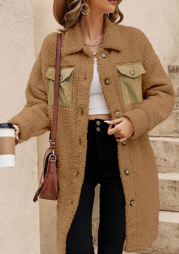 Collared Neck Long Sleeve Longline Teddy Jacket - Delanoir