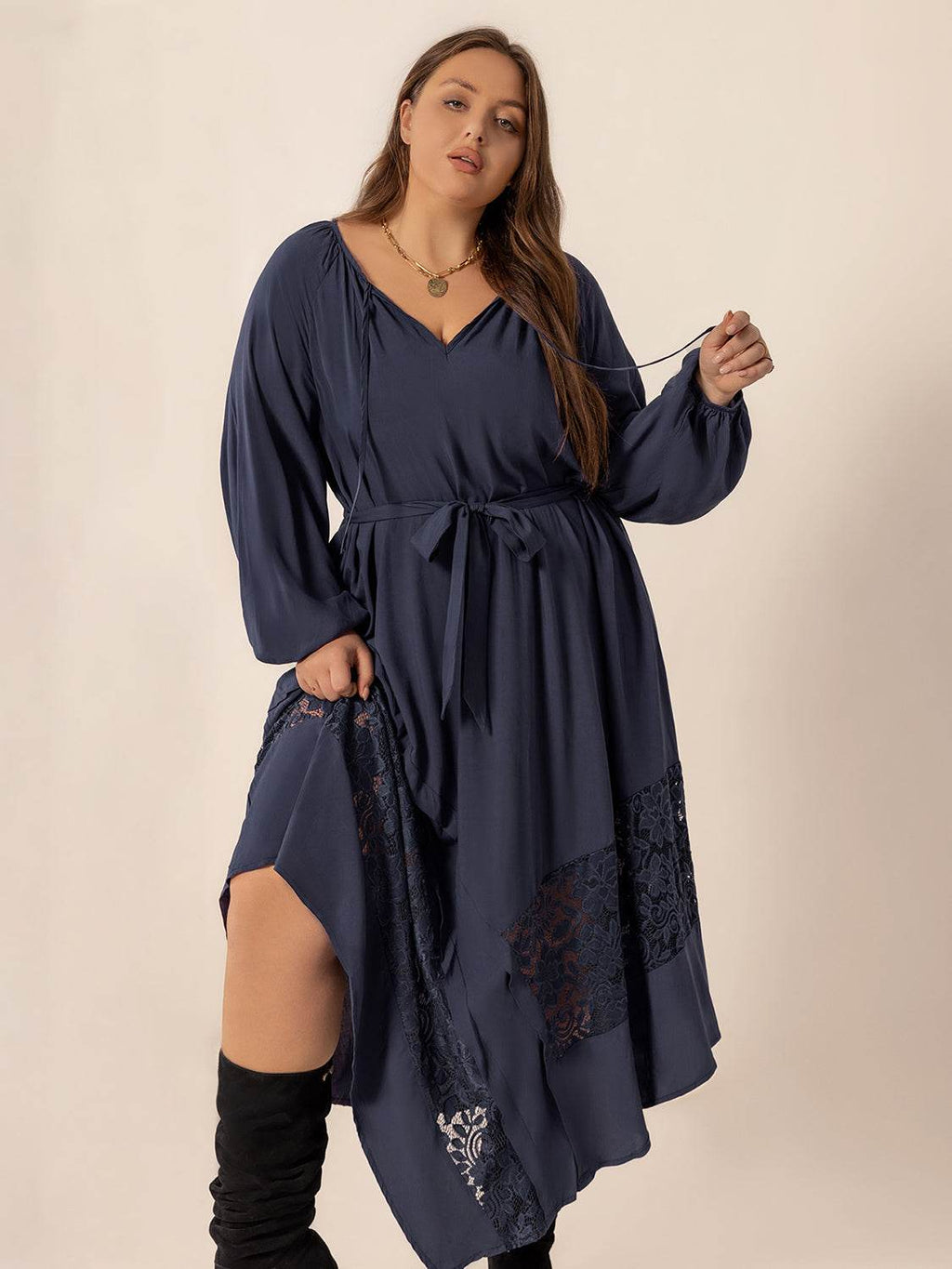 Plus Size Lace Detail Tie Neck Long Sleeve Midi Dress - Delanoir