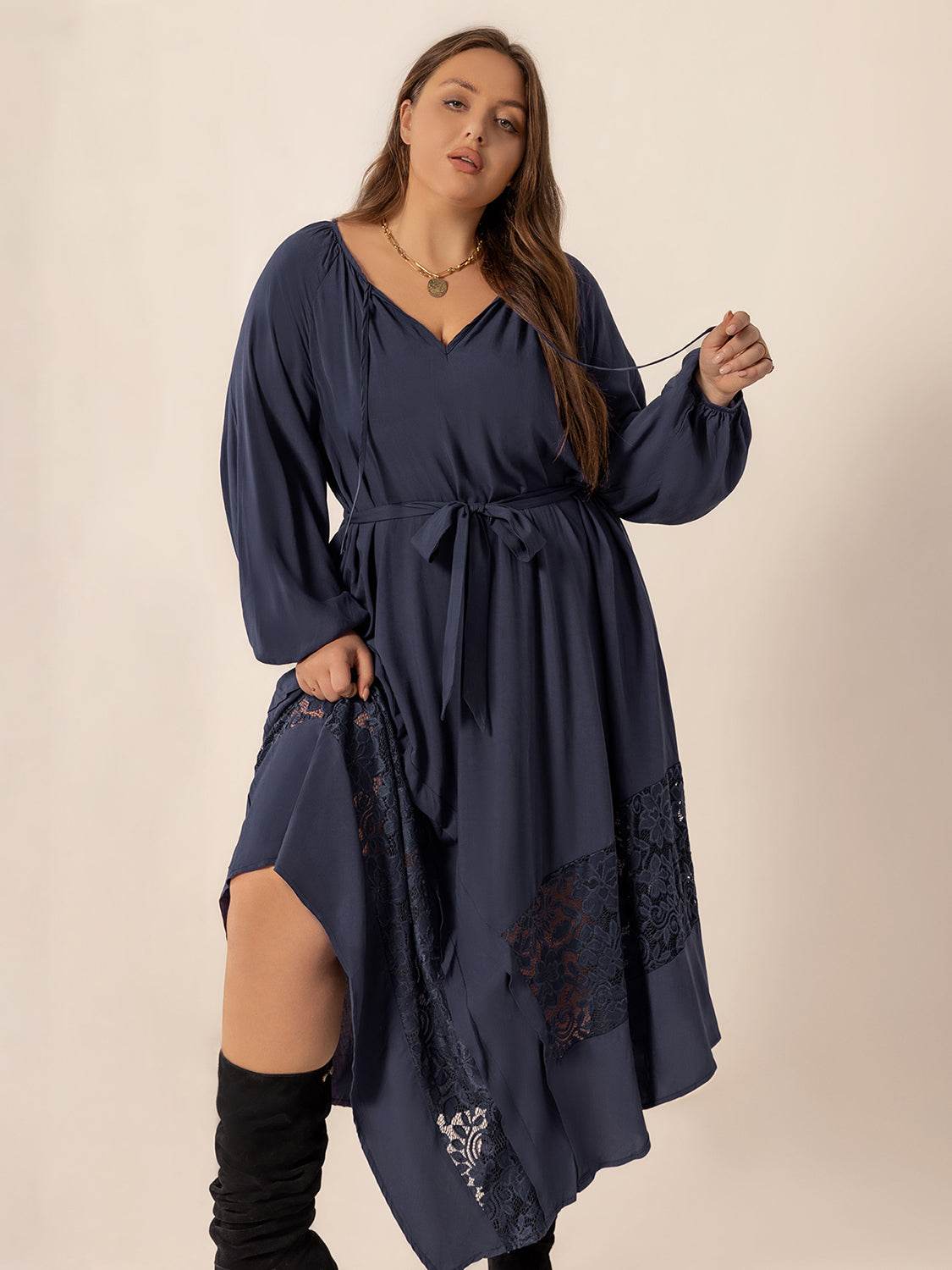 Plus Size Lace Detail Tie Neck Long Sleeve Midi Dress - Delanoir