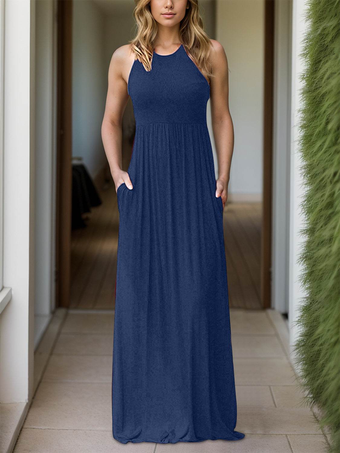 Full Size Grecian Neck Dress with Pockets - Delanoir