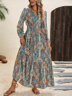 Printed Tie Neck Long Sleeve Maxi Dress - Delanoir