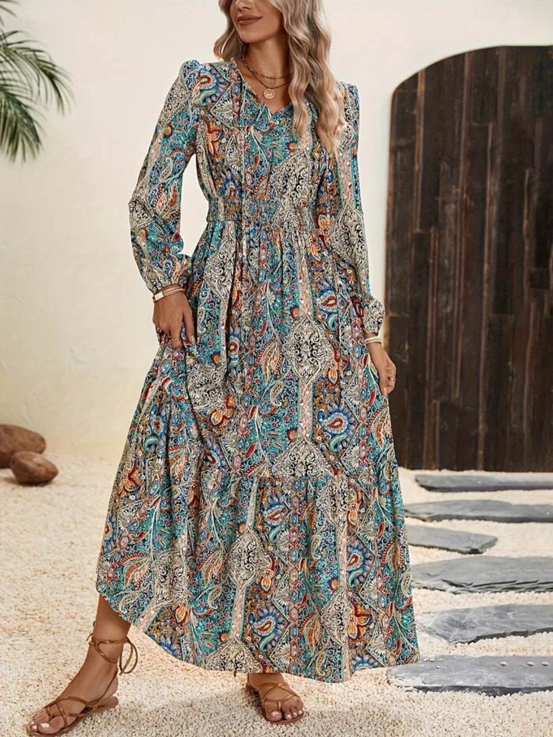 Printed Tie Neck Long Sleeve Maxi Dress - Delanoir