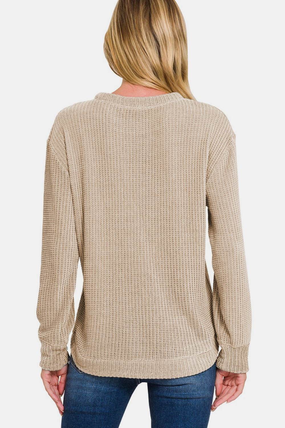 Zenana Chenille Waffle Round Neck Sweater - Delanoir