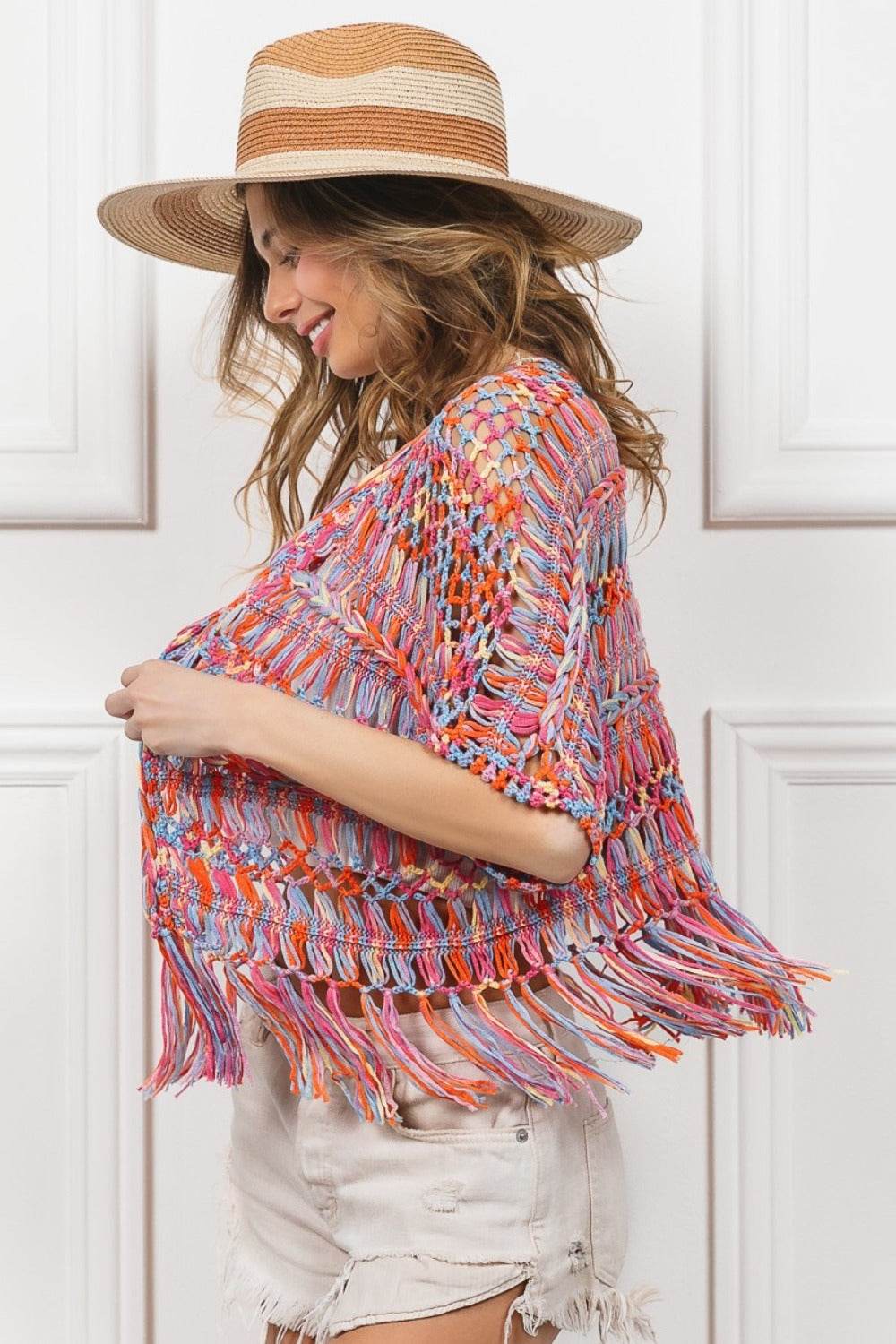 BiBi Open Front Fringed Crop Knit Cardigan - Delanoir
