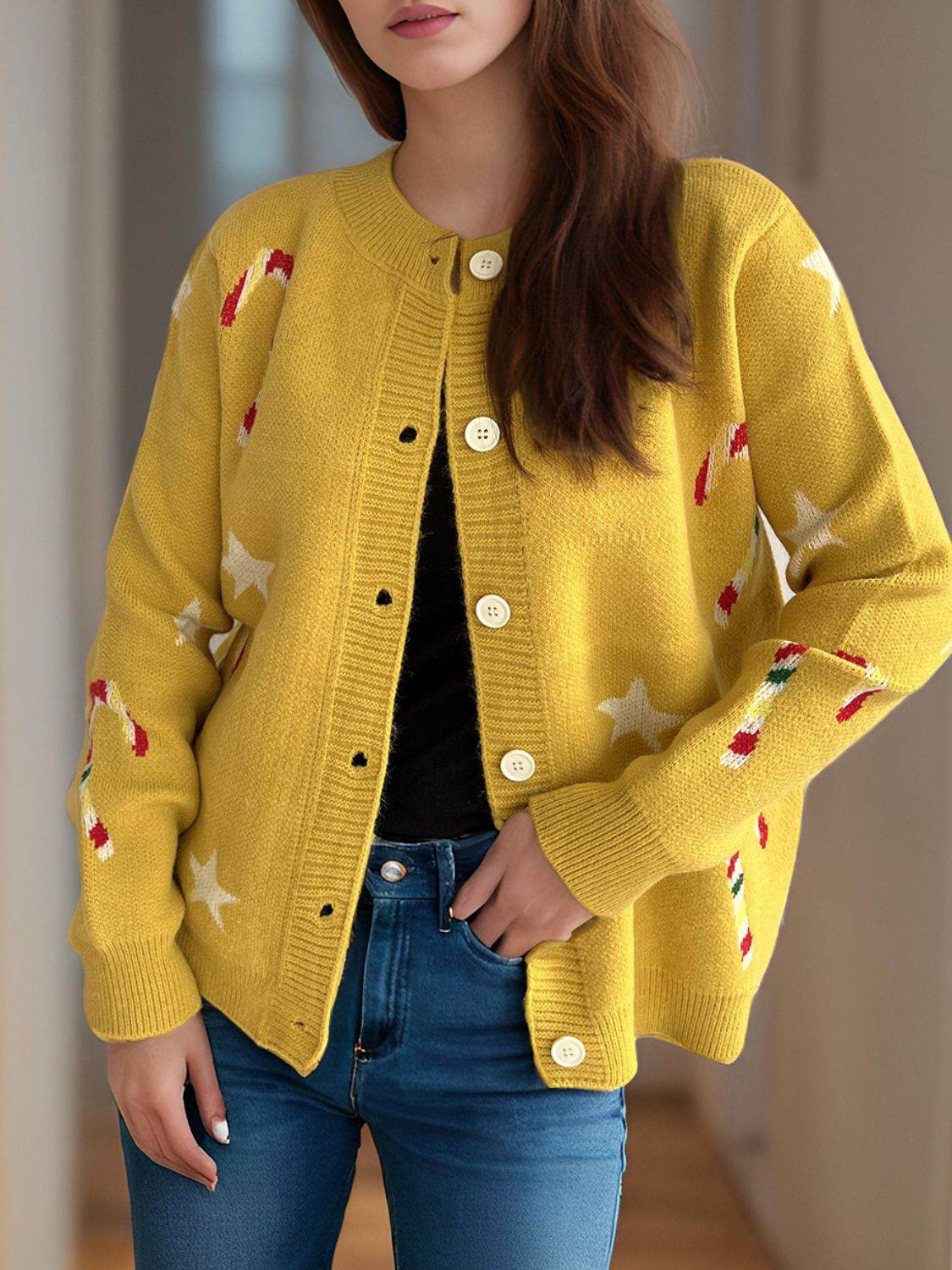 Candy Cane & Star Button Down Long Sleeve Cardigan - Delanoir