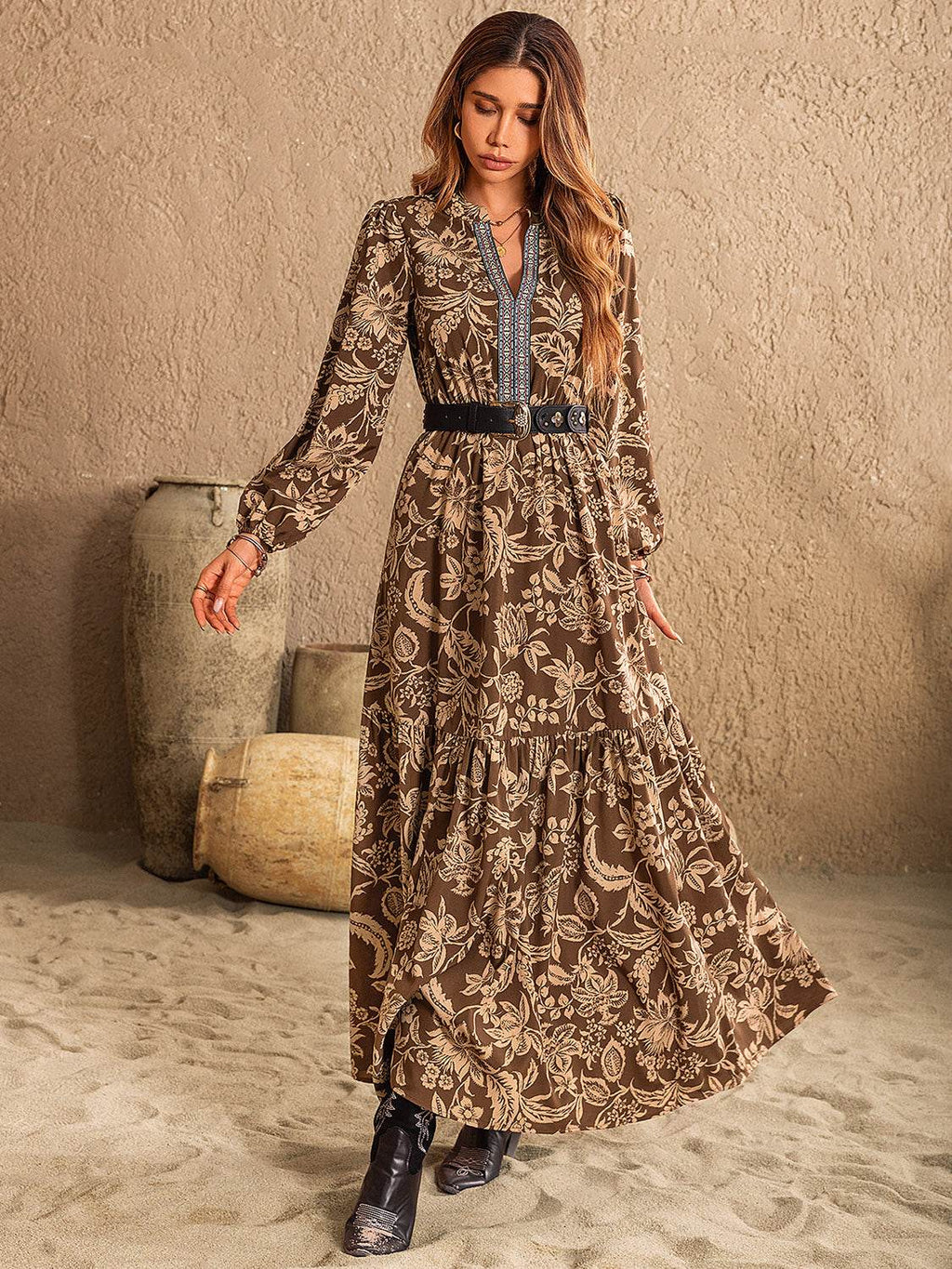 Ruched Printed Notched Long Sleeve Maxi Dress - Delanoir