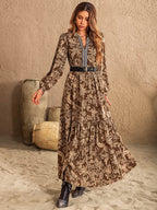 Ruched Printed Notched Long Sleeve Maxi Dress - Delanoir