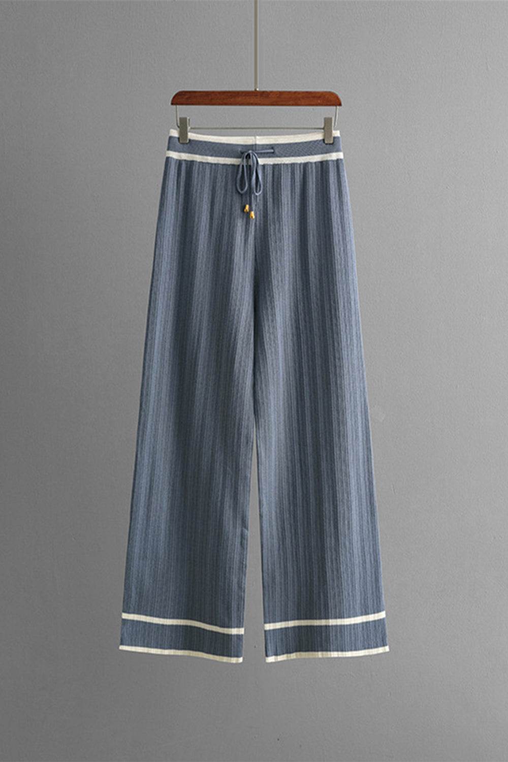 Contrast Trim Johnny Collar Top and Drawstring Pants Sweater Set - Delanoir