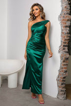 One-Shoulder Ruched Slit Maxi Dress - Delanoir