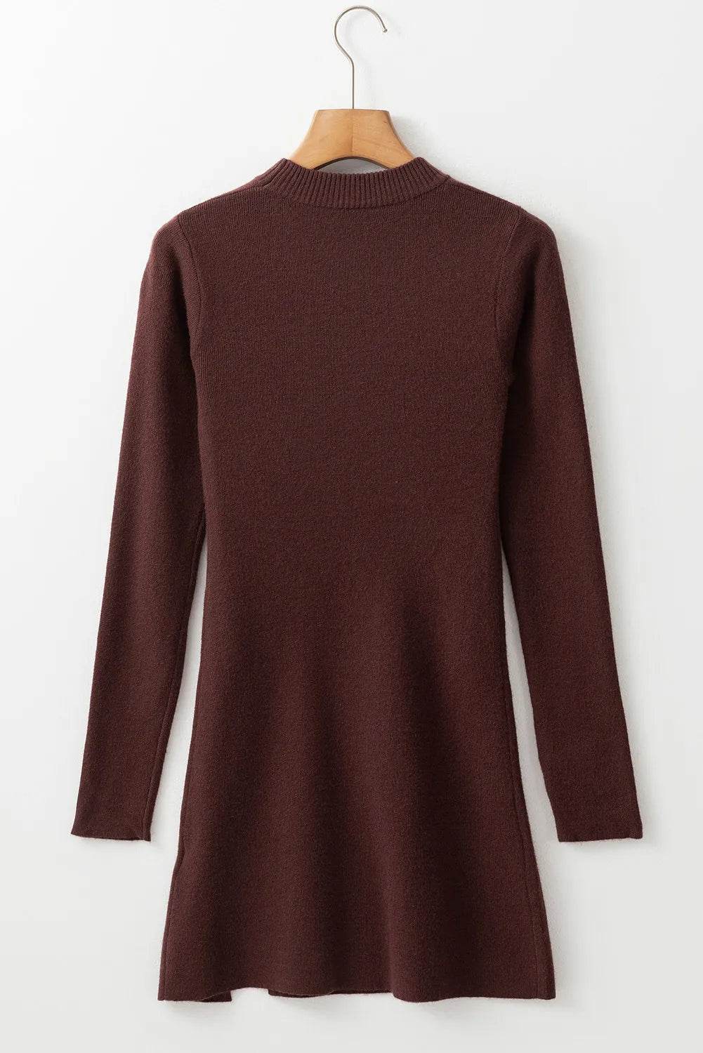 Slit Mock Neck Long Sleeve Wrap Sweater Dress - Delanoir