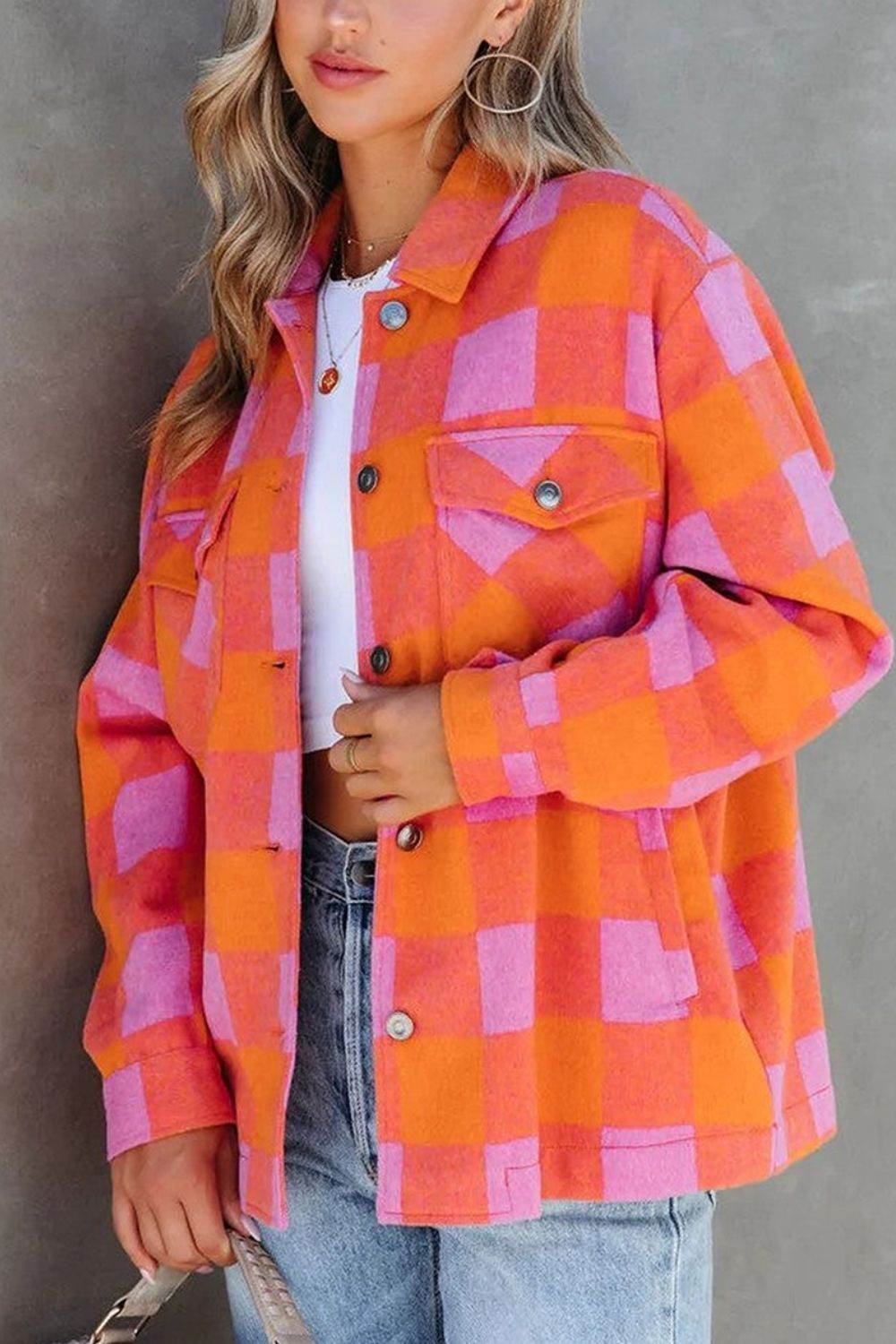 Plaid Collared Neck Button Up Jacket - Delanoir