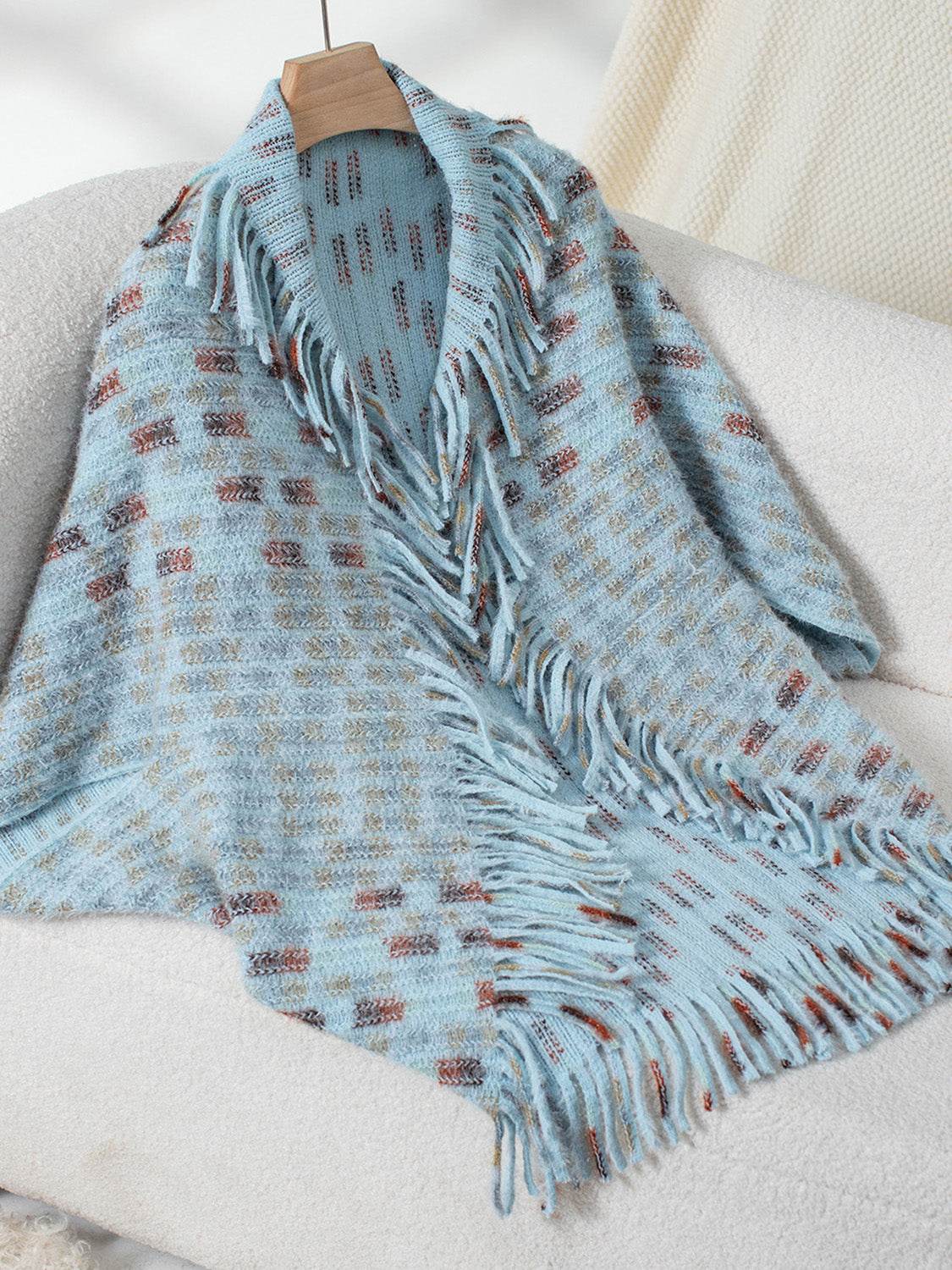 Fringe Open Front Half Sleeve Poncho - Delanoir