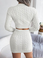 Cable-Knit Round Neck Top and Skirt Sweater Set - Delanoir