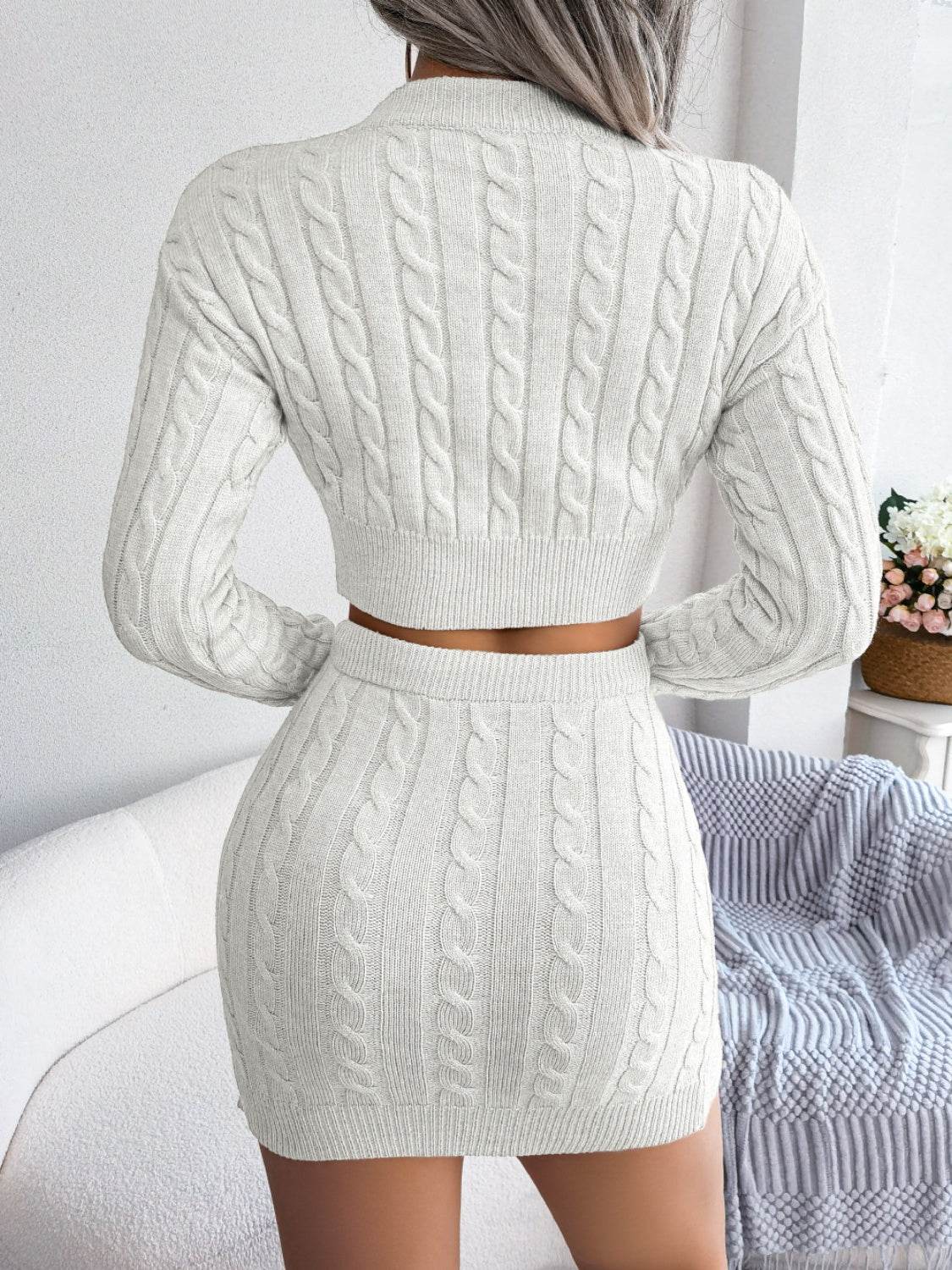 Cable-Knit Round Neck Top and Skirt Sweater Set - Delanoir
