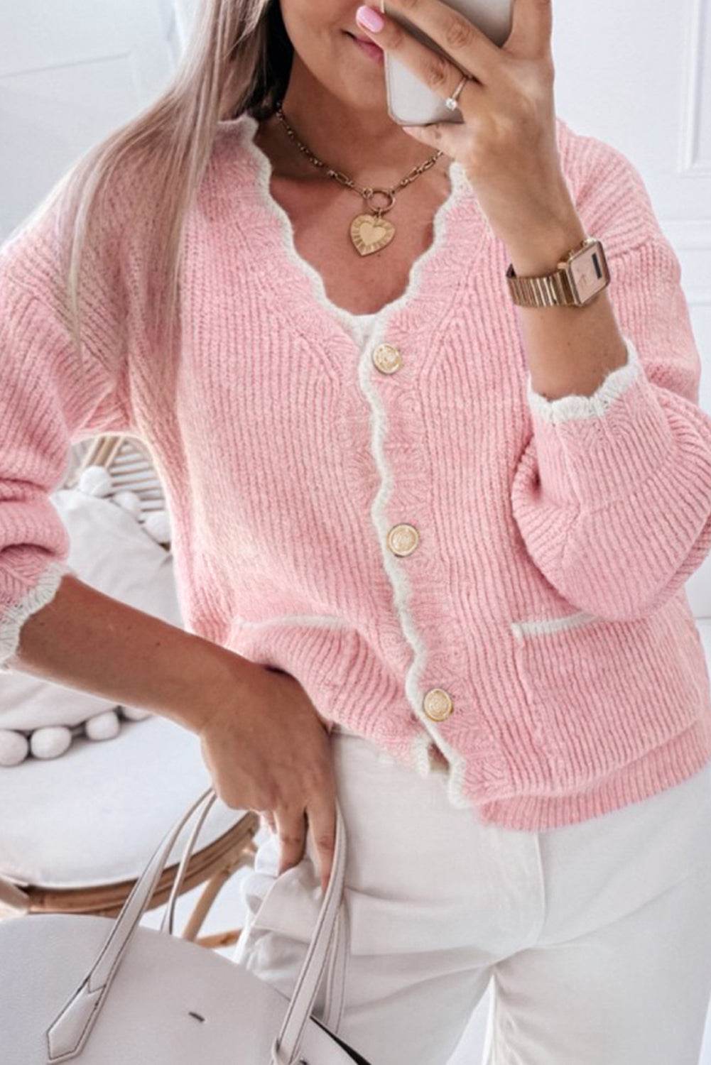 Contrast Trim V-Neck Long Sleeve Cardigan - Delanoir