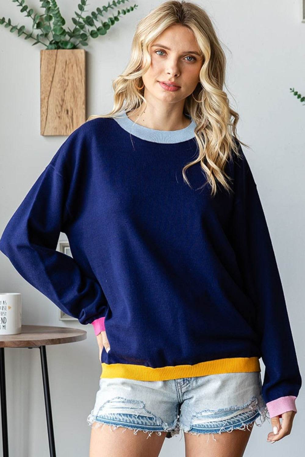 First Love Contrast Ribbed Round Neck Long Sleeve Sweater - Delanoir