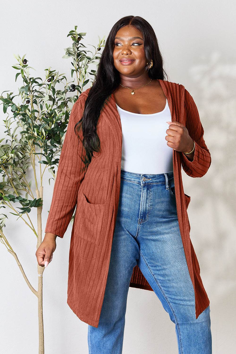 Basic Bae Full Size Hooded Sweater Cardigan - Delanoir