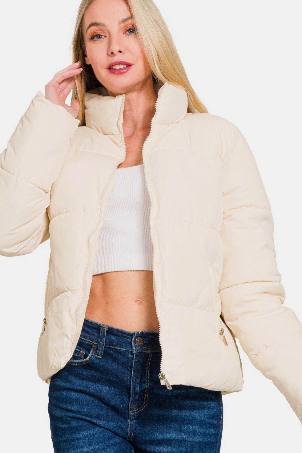 Zenana Zip Up Turtleneck Puffer Jacket with Pockets - Delanoir