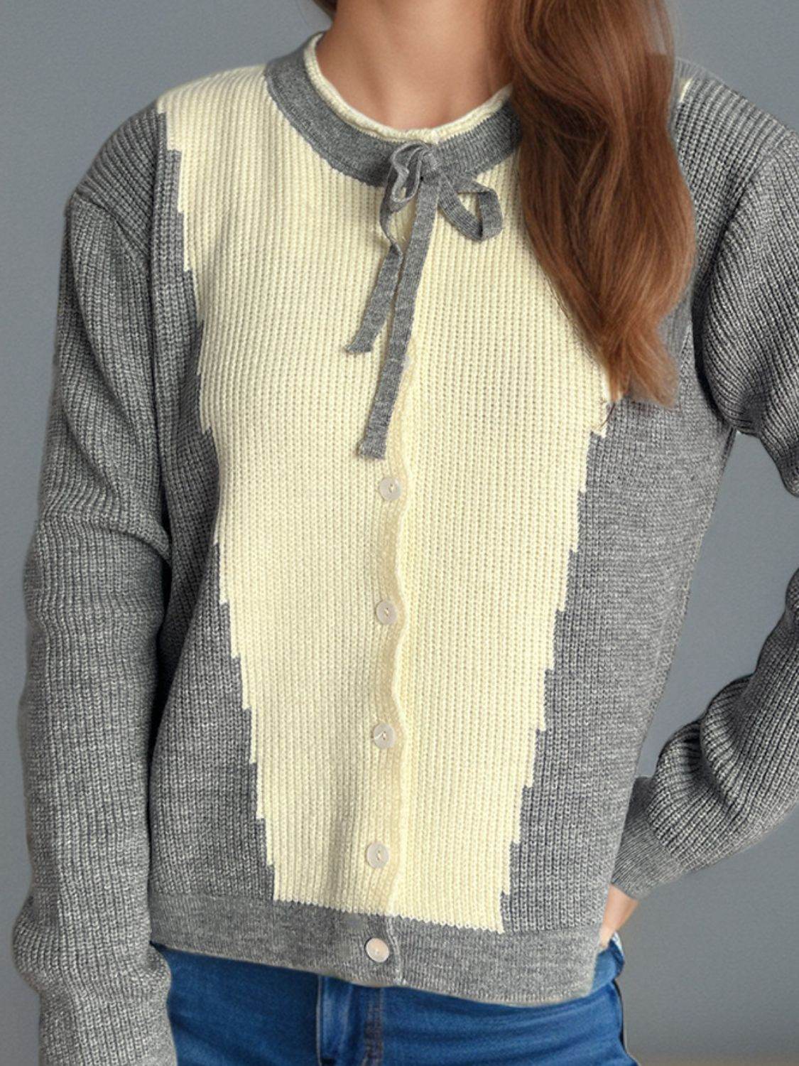 Contrast Button Down Long Sleeve Cardigan - Delanoir