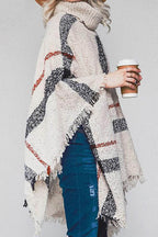 Plaid Turtleneck Raw Hem Poncho - Delanoir