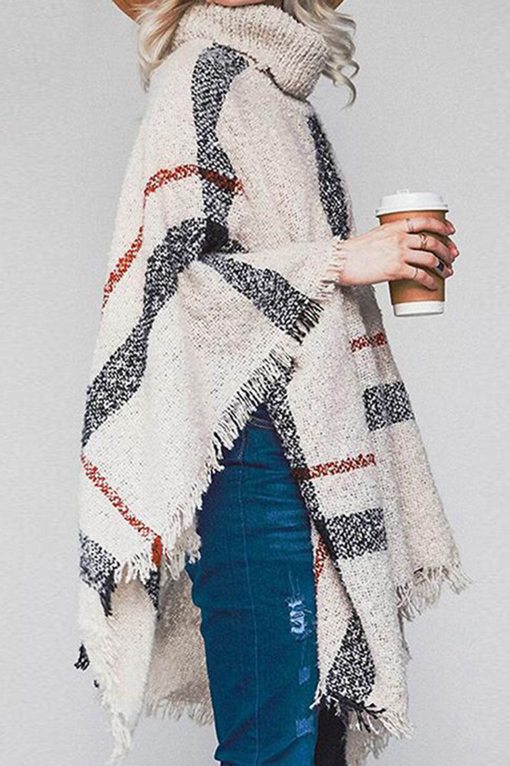 Plaid Turtleneck Raw Hem Poncho - Delanoir