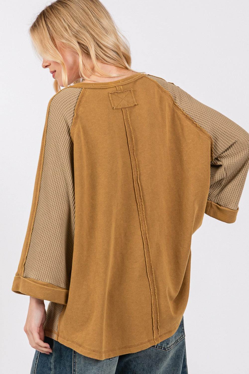 SAGE + FIG Star Applique Patch Exposed Seam Waffle Knit Top - Delanoir
