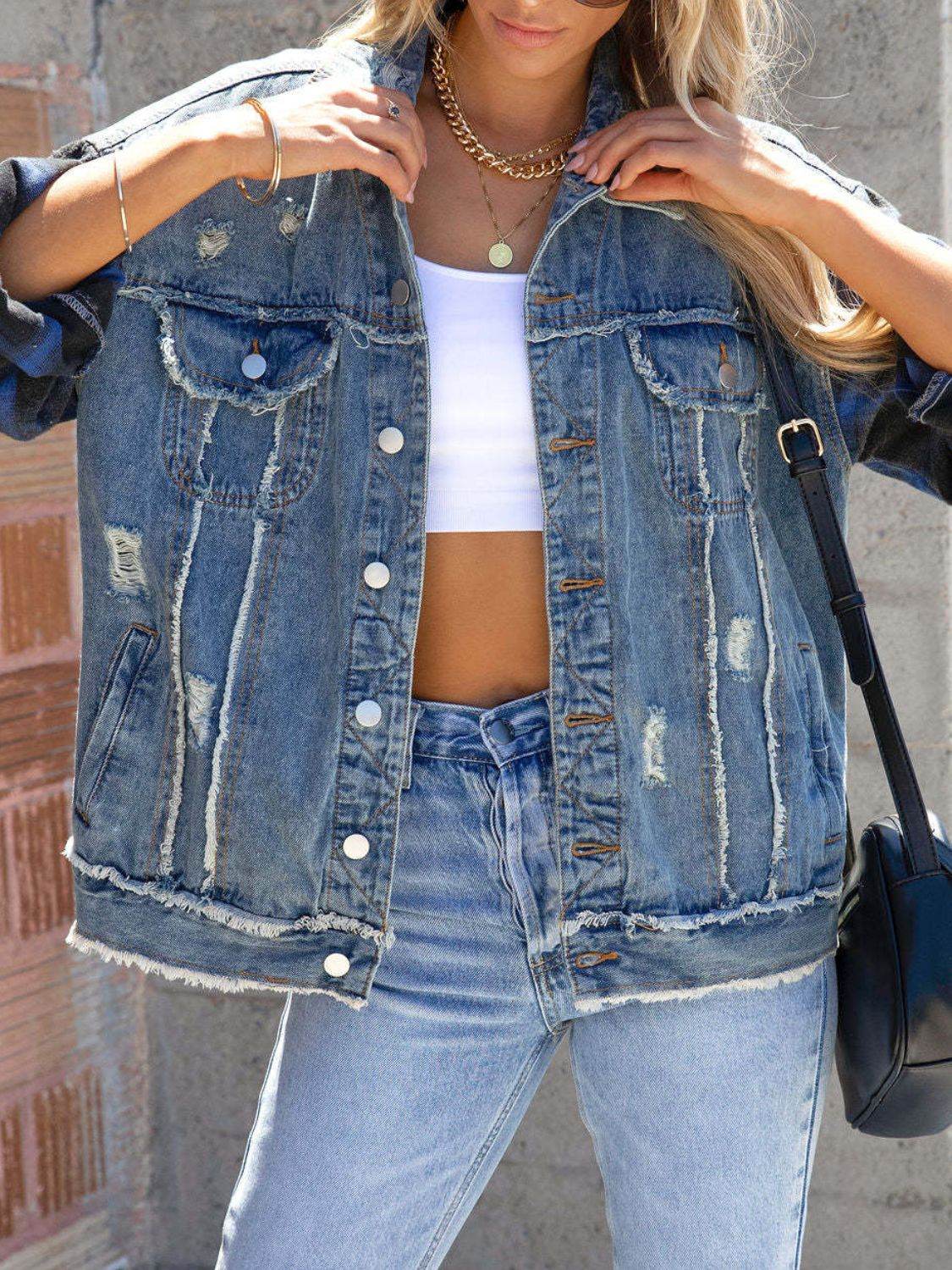 Raw Hem Plaid Sleeve Denim Jacket - Delanoir