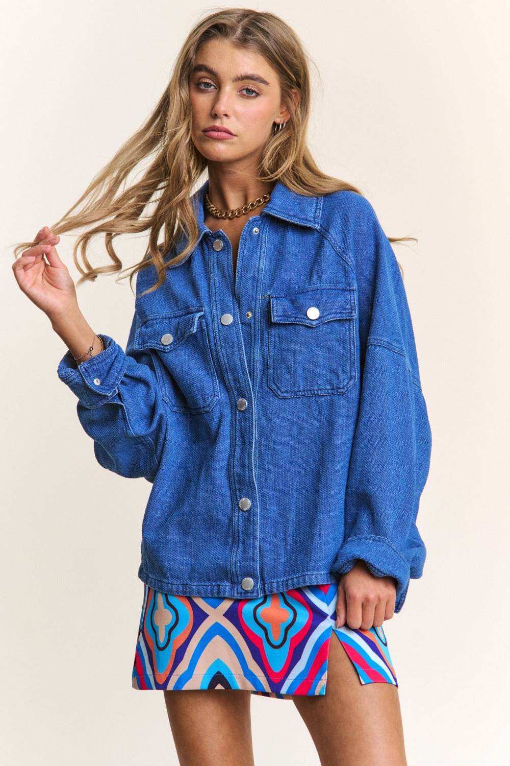 J.NNA Snap Down Long Sleeve Denim Shacket - Delanoir
