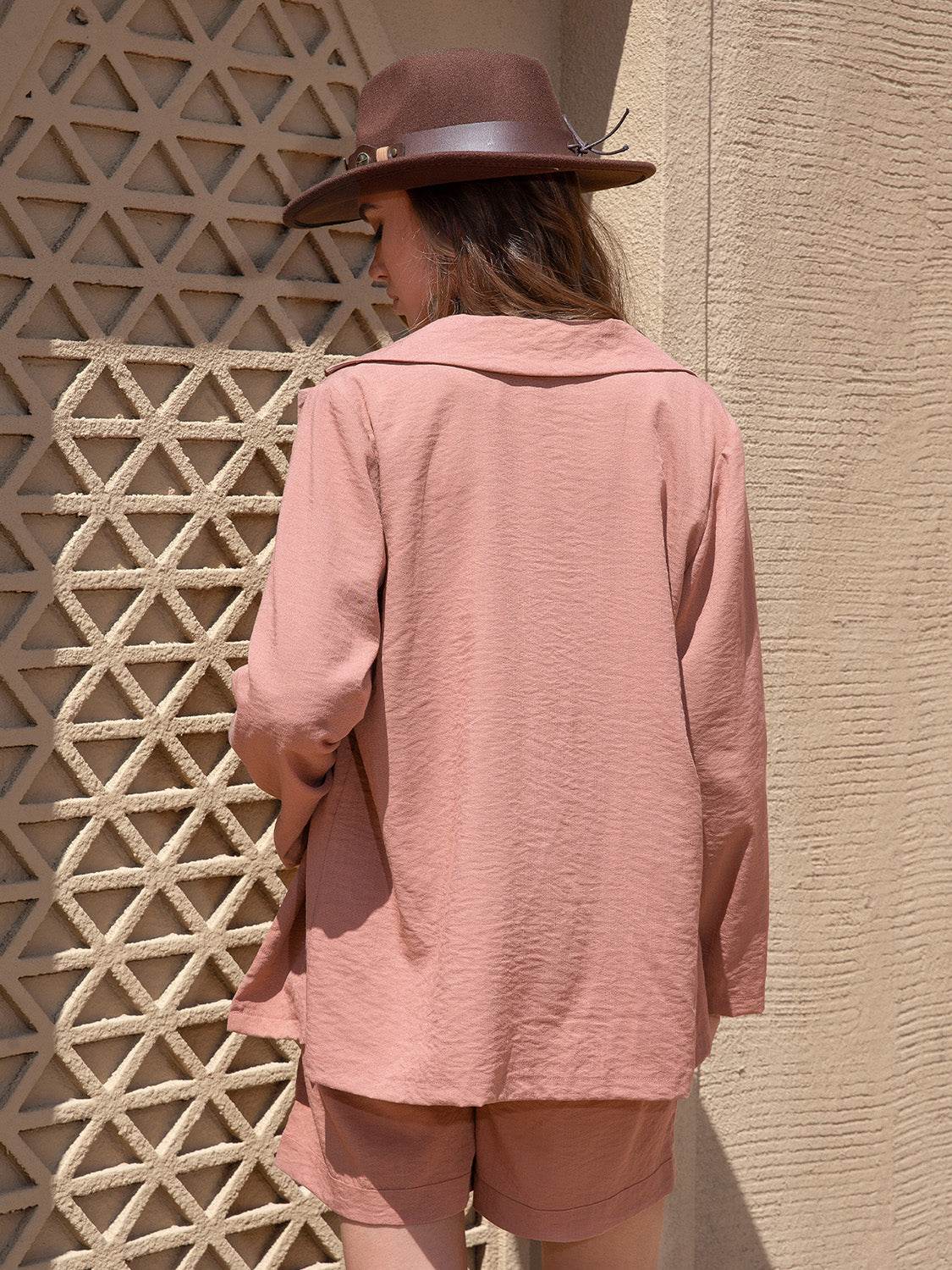 Lace Detail Collared Neck Long Sleeve Top and Shorts Set - Delanoir