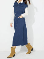 Slit Half Button Collared Neck Cap Sleeve Denim Dress - Delanoir