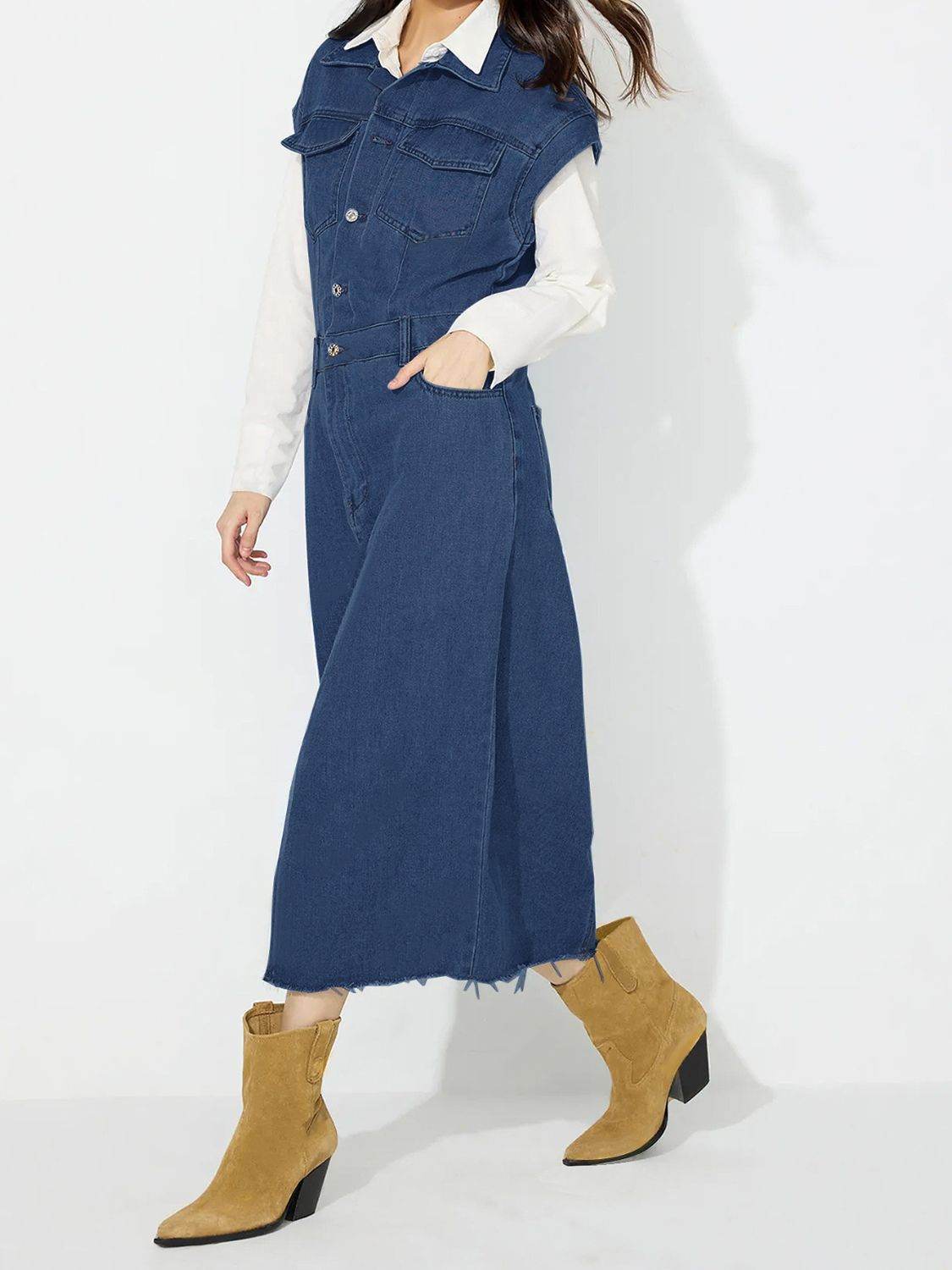 Slit Half Button Collared Neck Cap Sleeve Denim Dress - Delanoir