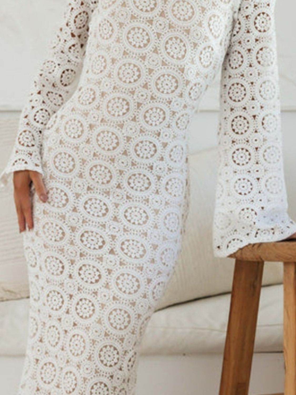 Lace Backless Round Neck Flare Sleeve Dress - Delanoir