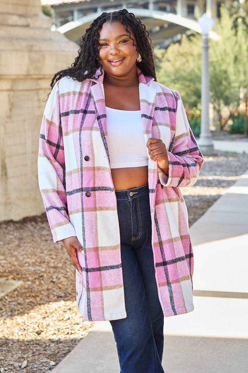 Double Take Full Size Plaid Button Up Lapel Collar Coat - Delanoir