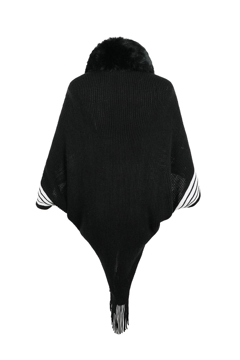 Striped Fringe Detail Long Sleeve Poncho - Delanoir