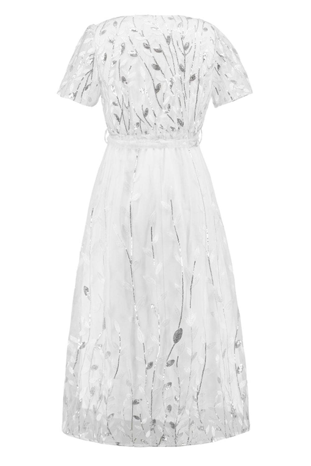 Sequin Leaf Embroidery Tie Front Short Sleeve Dress - Delanoir