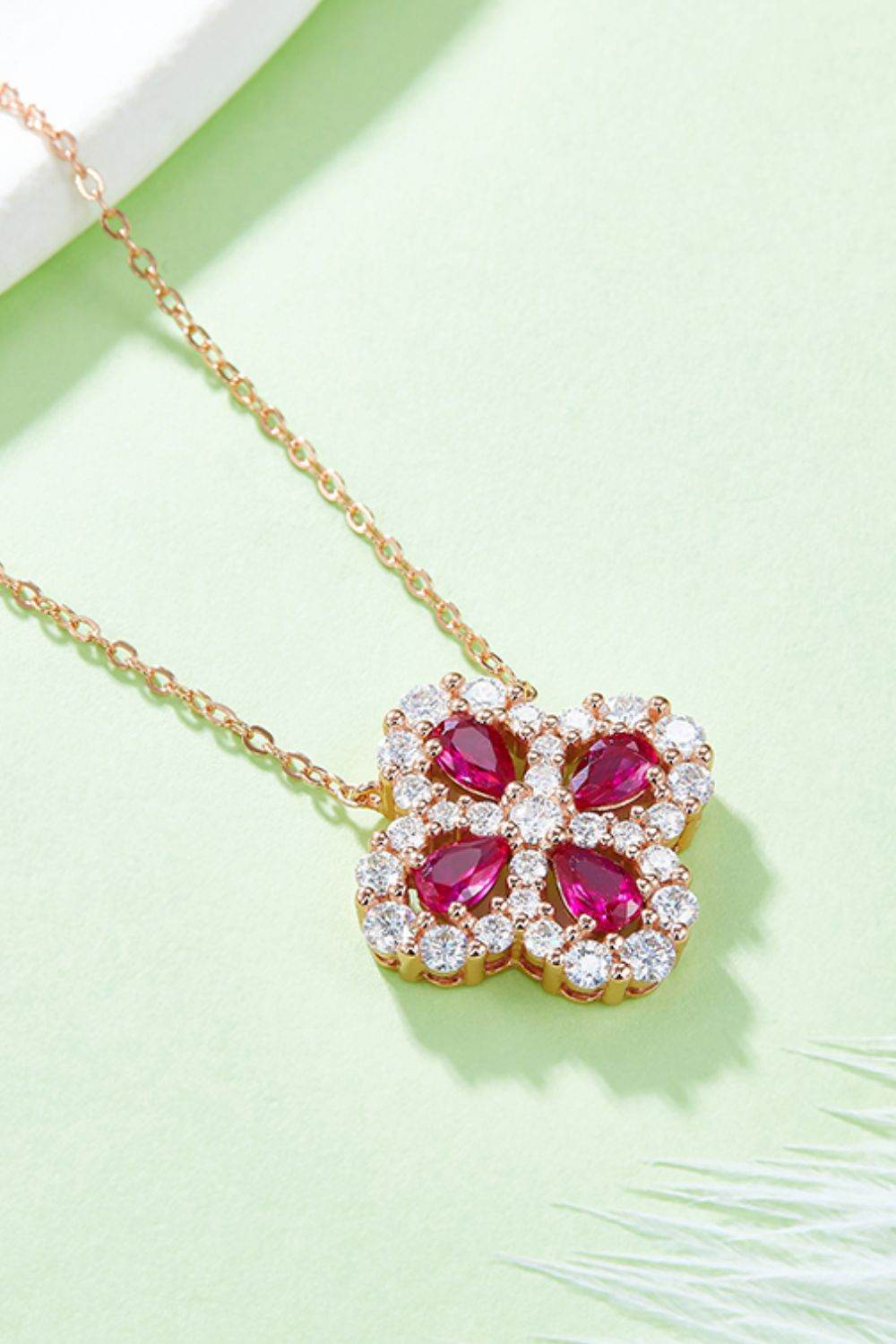 925 Sterling Silver Lab-Grown Ruby Flower Shape Necklace - Delanoir