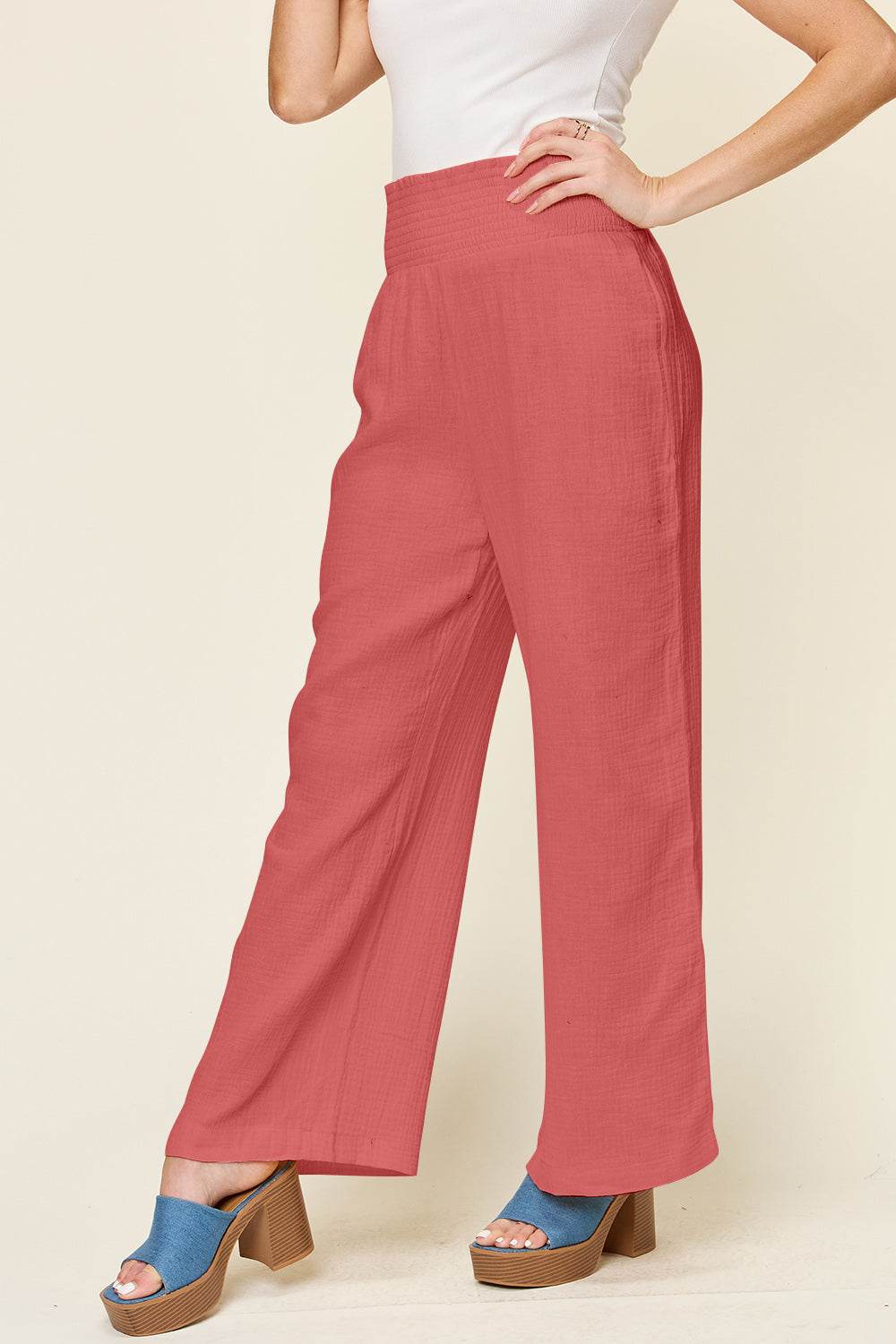 Double Take Full Size Texture Smocked Waist Wide Leg Pants - Delanoir