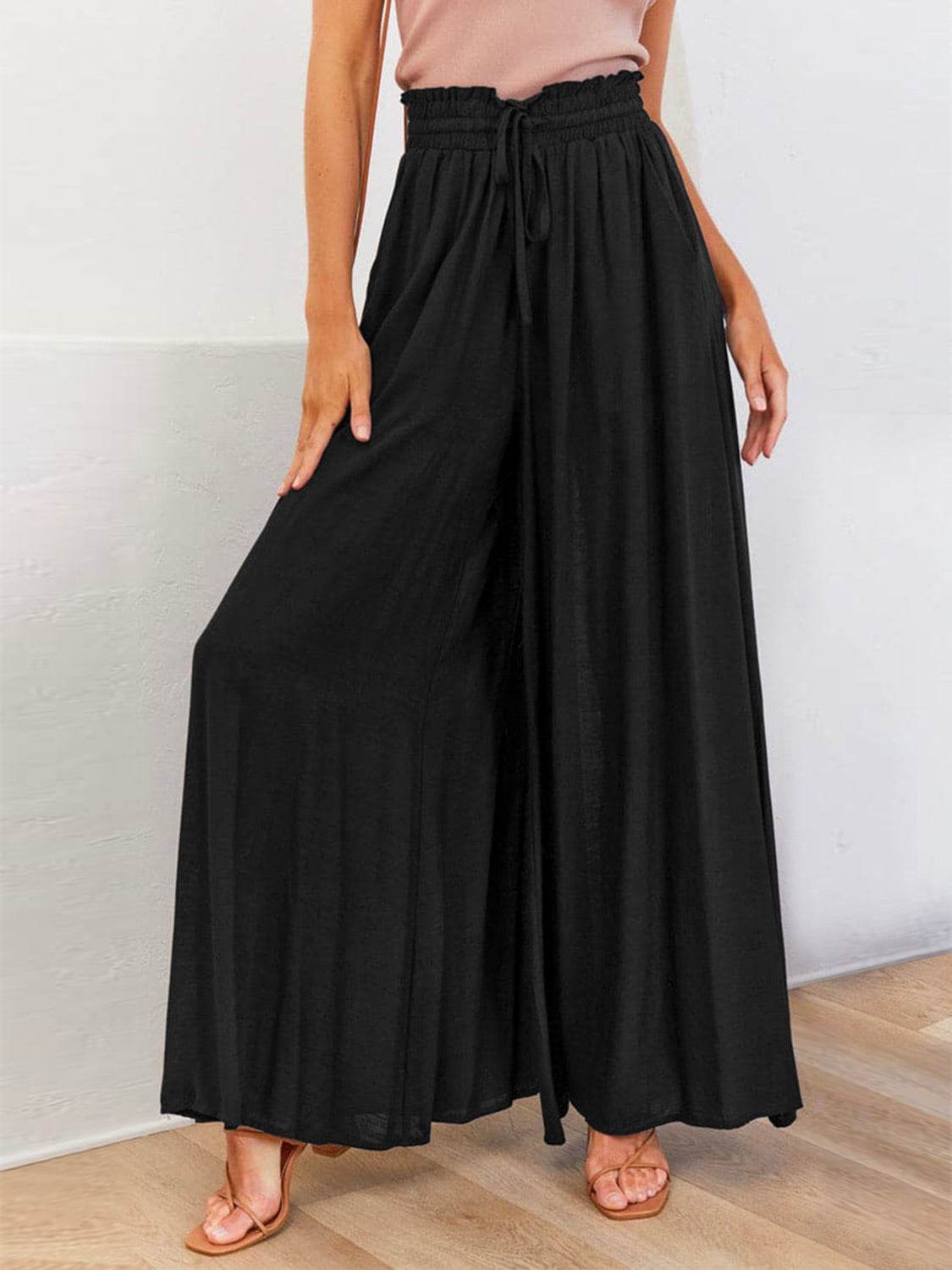 Drawstring Wide Leg Pants with Pockets - Delanoir