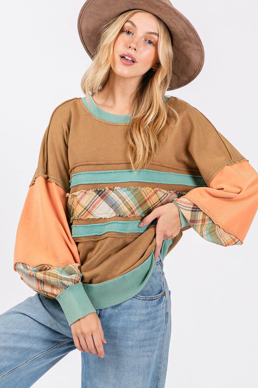 SAGE + FIG Mineral Wash Raw Edge Color Block Sweatshirt - Delanoir