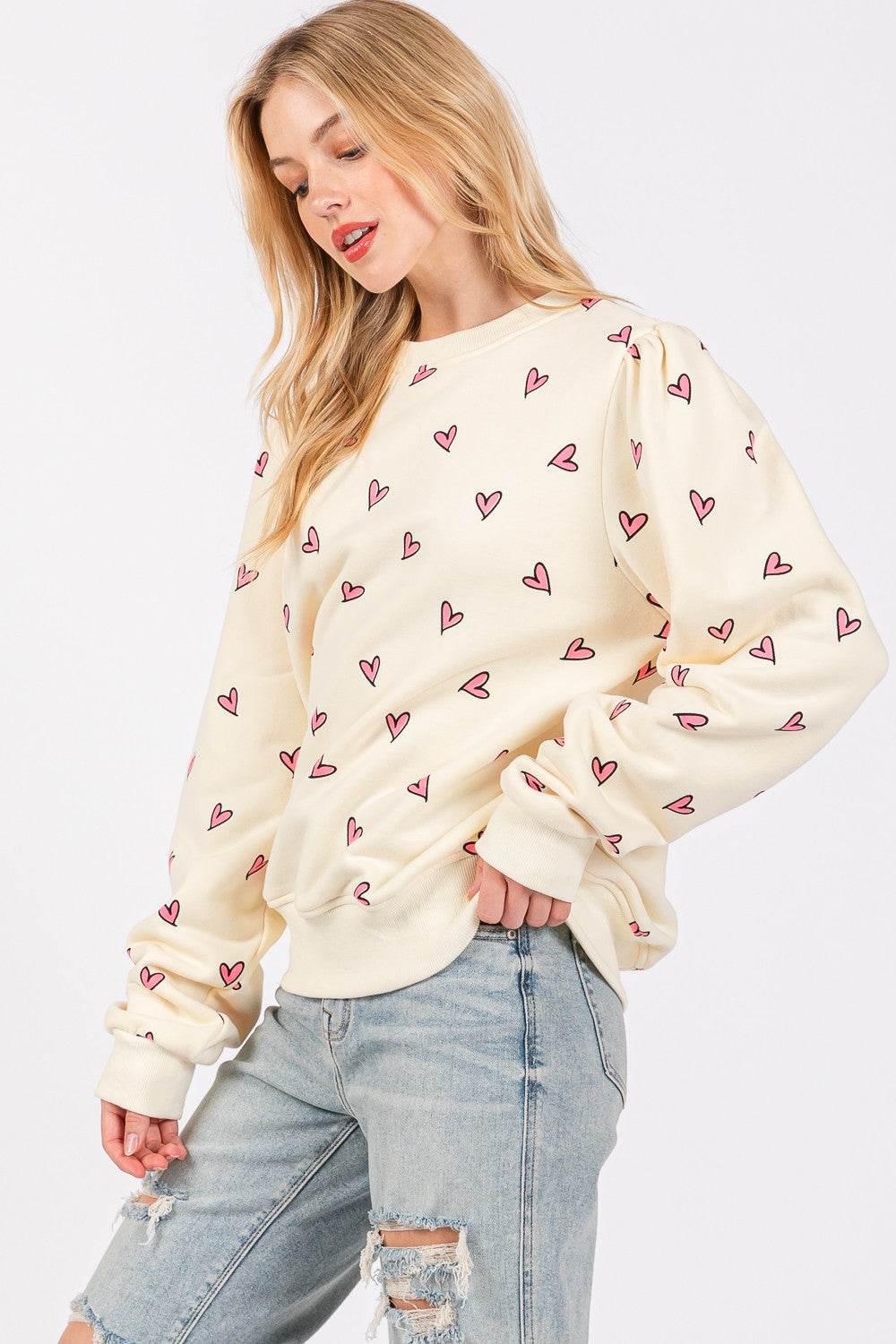 SAGE + FIG Heart Printed Contrast Long Sleeve Sweatshirt - Delanoir