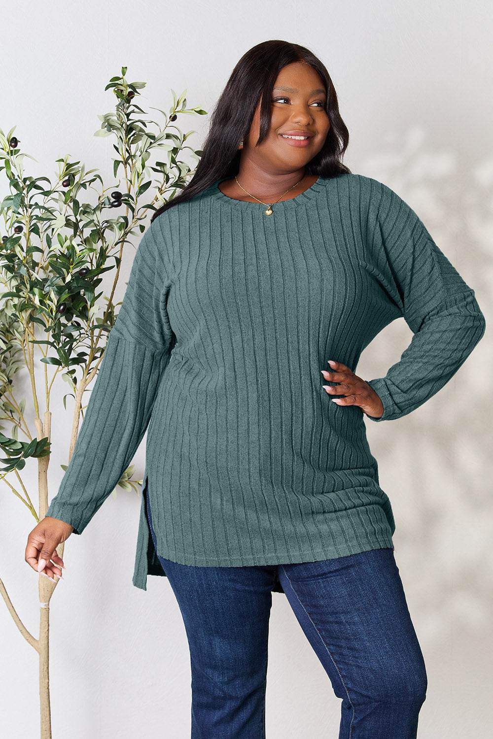 Basic Bae Full Size Ribbed Round Neck Long Sleeve Slit Top - Delanoir