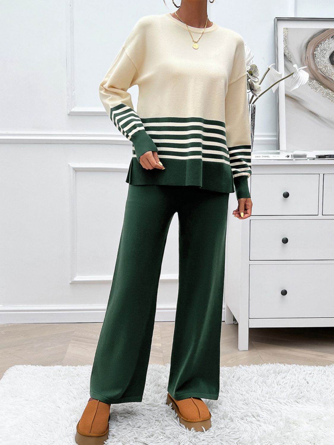 Devine Slit Striped Round Neck Top and Pants Sweater Set - Delanoir