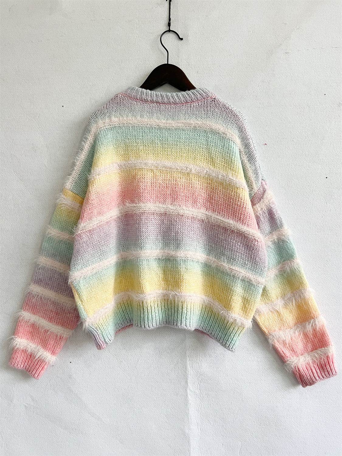 Striped Round Neck Long Sleeve Sweater - Delanoir