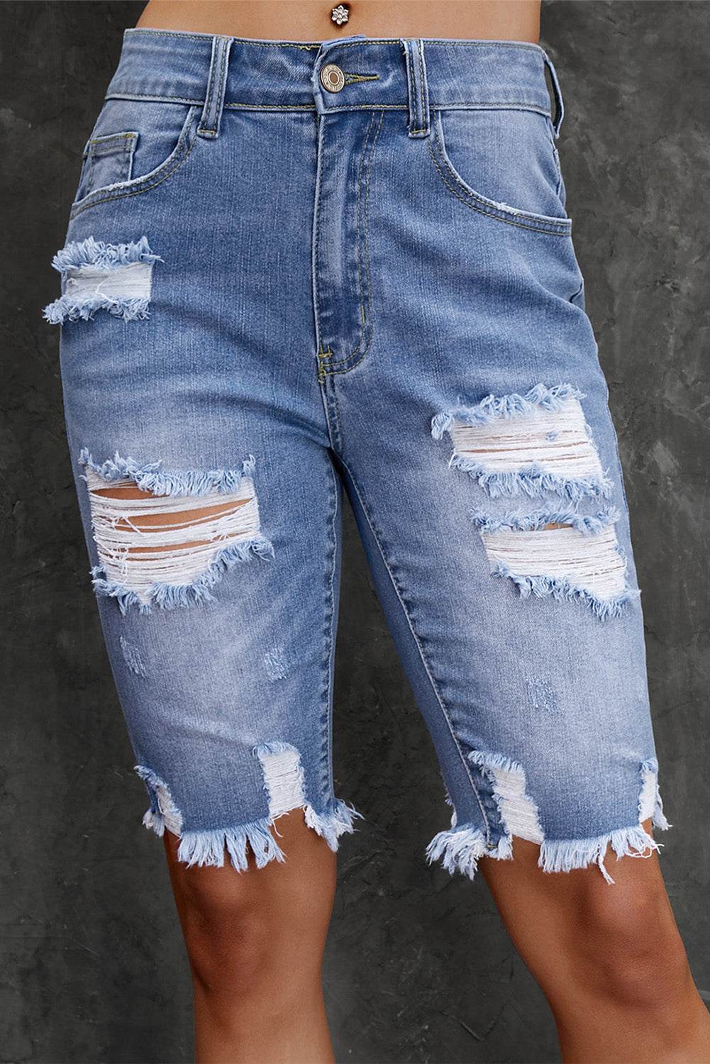 Distressed Frayed Hem Denim Bermuda Shorts - Delanoir