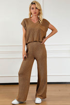 Pocketed V-Neck Top and Wide Leg Sweater Set - Delanoir